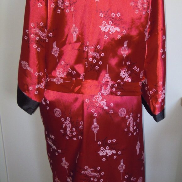 Vintage Red Black Reversible Dragon Silk Embroidered Maxi Robe Kimono X-LG - Picture 6 of 6